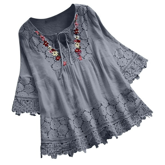 T-Shirts For Women Vintage Lace Patchwork Bow V Neck Three Quarter Blouses Top T Shirt Womens Tops