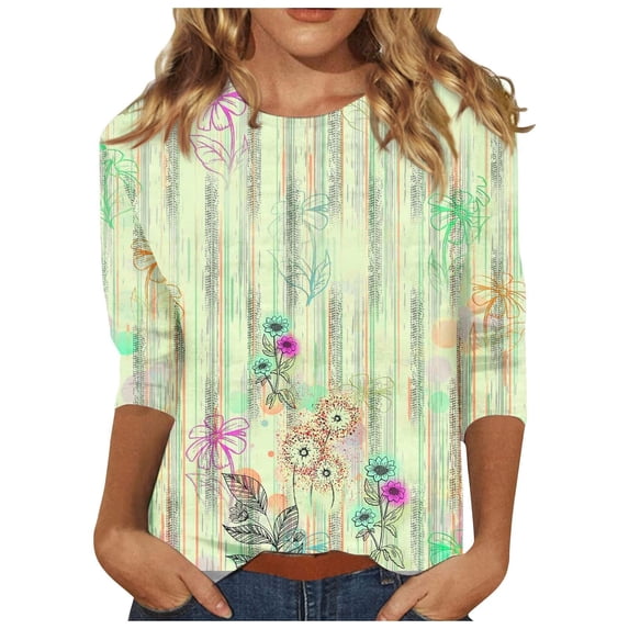 T Shirts For Women Womens Tops 3/4 Length Sleeve Tops Summer T Shirts Floral Print Crew Neck Casual Basic Tee Fit Tunic Tops Blouse