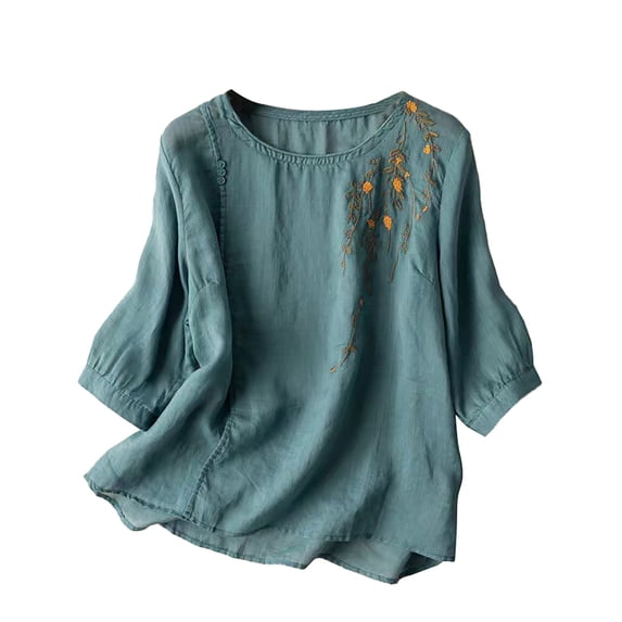 T Shirts For Women Womens Tops 3/4 Sleeve Linen Shirts For Cotton Summer Retro Embroidered Boho Tops Casual Trendy Vacation Blouse