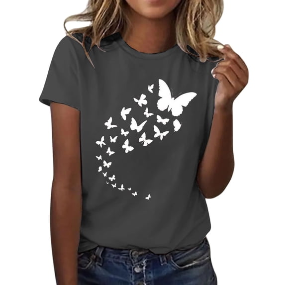 T Shirts For Women Womens Tops Butterfly Print Round Neck Short Sleeve T Shirt Top
