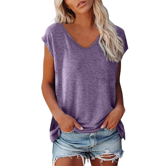 T Shirts For Women Womens Tops Cap Sleeve Summer Casual Tops V Neck Solid Color Casual Shirts Loose Fit Blouse