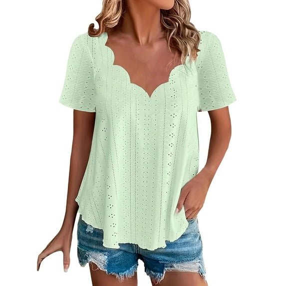 T Shirts For Women Womens Tops Casual Solid Color Scallops V Neck Tops Comfortable Breathable Short Sleeved V Neck T Shirt