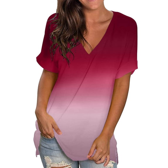 T Shirts For Women Womens Tops Casual Summer Tops Floral Short Sleeve V Neck Tee T Shirt Printed Loose Side Split Tunic