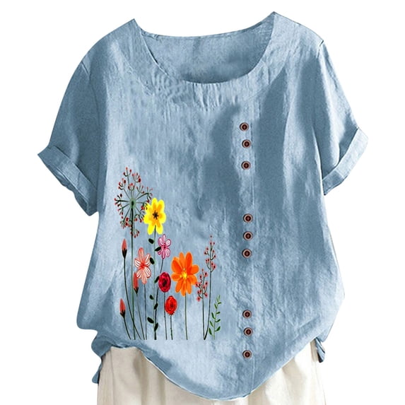T Shirts For Women Womens Tops Cotton Linen Tops For Crewneck Roll Up Short Sleeve Tshirt Trendy Floral Print Casual Loose Fitted Blouse