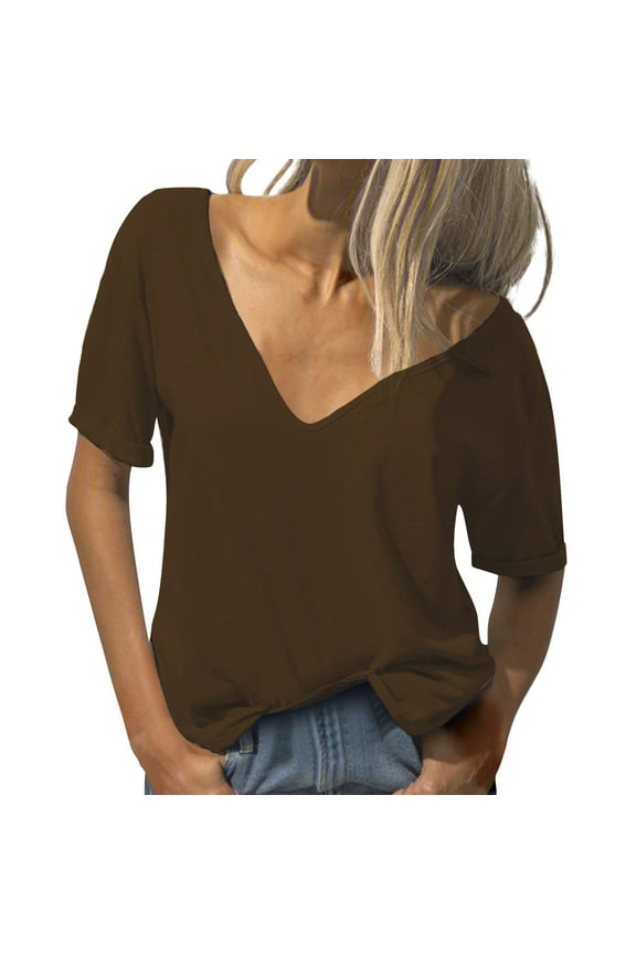 T Shirts For Women Womens Tops Fashion Deep V Neck Short Sleeve Top Solid Color Casual Loose Basic T Shirt