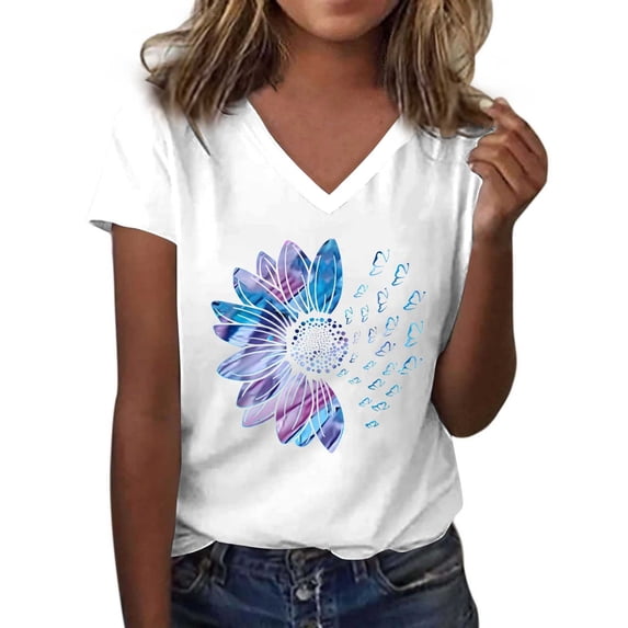 T Shirts For Women Womens Tops Graphic Shirts Sunflower Pattern Print Crew Neck Short Sleeve Tees Loose Tshirts Cute Casual Teacher Outfits