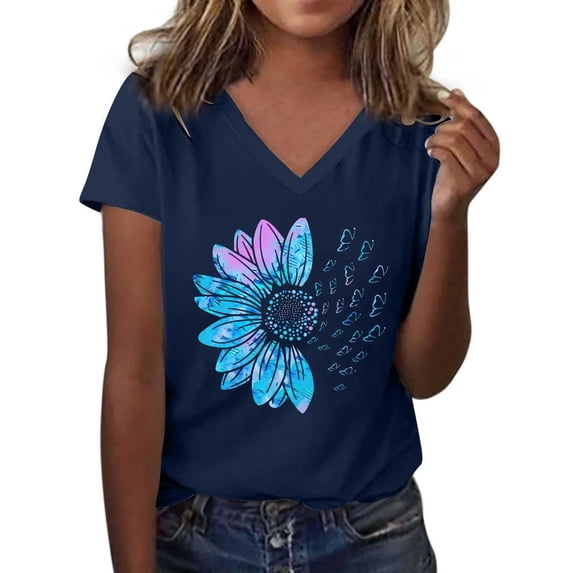 T Shirts For Women Womens Tops Graphic Shirts Sunflower Pattern Print Crew Neck Short Sleeve Tees Loose Tshirts Cute Casual Teacher Outfits