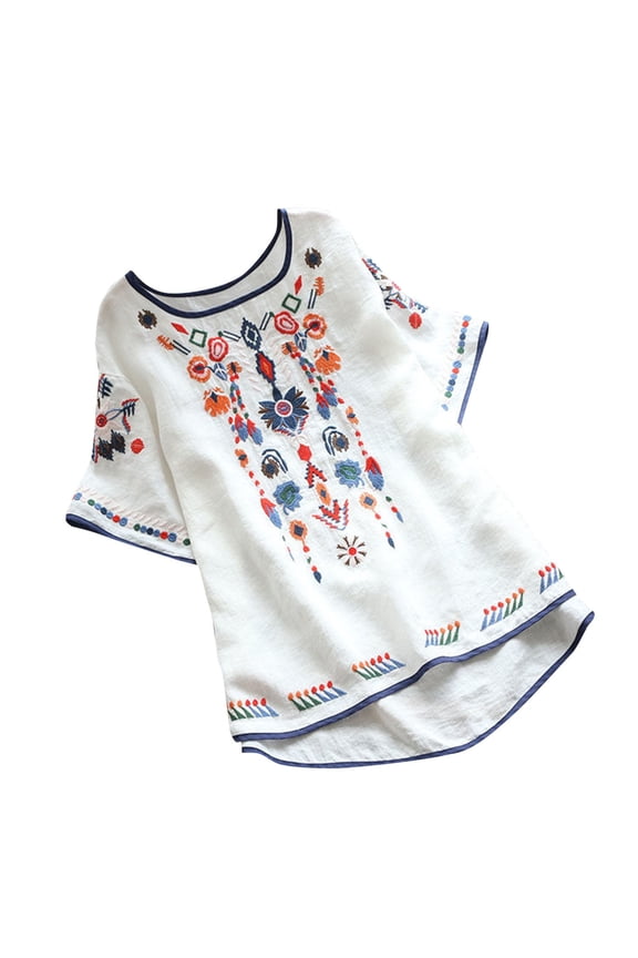 T Shirts For Women Womens Tops National Style Retro Embroidery Round Neck Cotton Loose Short Sleeved T Shirt