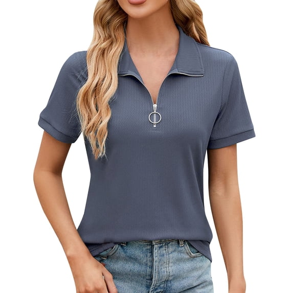 T Shirts For Women Womens Tops Short Sleeve Zipper Laper Collar Shirts Dressy Casual V Neck T Shirt Business Work Blouses