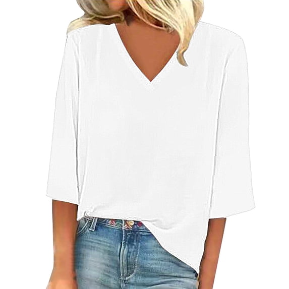 T Shirts For Women Womens Tops Solid Color Fashion Casual V Neck Three Quarter Sleeve Tops