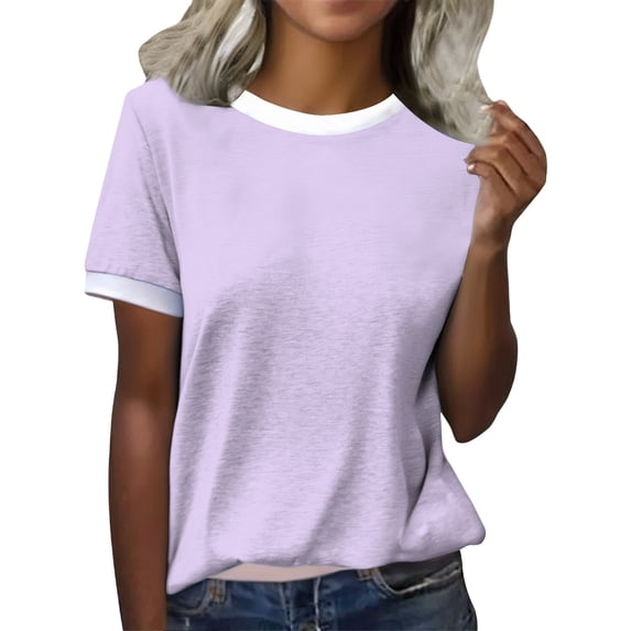 T Shirts For Women Womens Tops Spring Round Neck Color Blocked Loose Casual Short Sleeve T Shirt