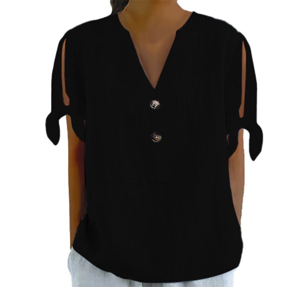T Shirts For Women Womens Tops Spring/Summer V Tie Button Side Sleeve Fork Loose Casual Short Sleeve T Shirt