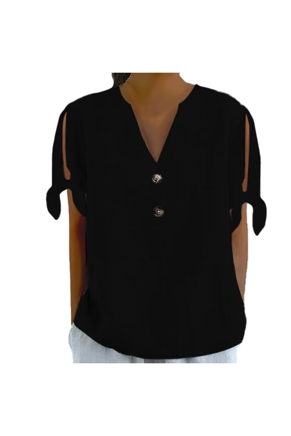 T Shirts For Women Womens Tops Spring/Summer V Tie Button Side Sleeve Fork Loose Casual Short Sleeve T Shirt
