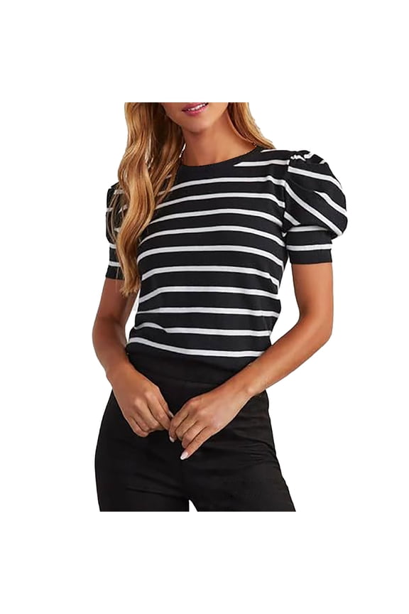 T Shirts For Women Womens Tops Striped Pullover Round Neck Bubble Sleeve T Shirt Top