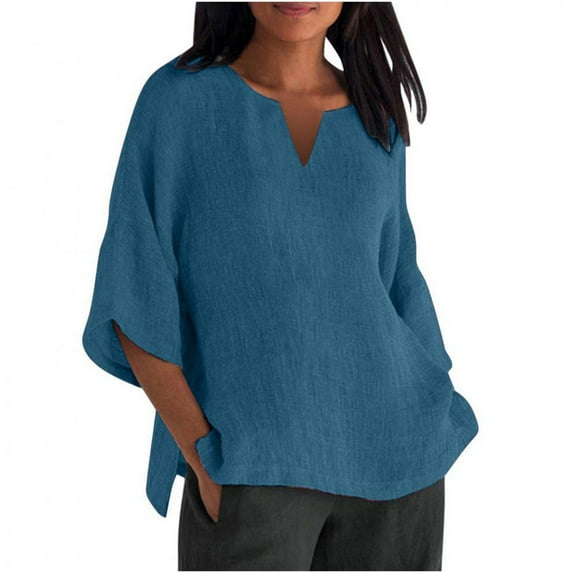 T Shirts For Women Womens Tops Summer 7 Quarter Sleeve V Neck Solid Color Loose Top T Shirt Casual Shirt