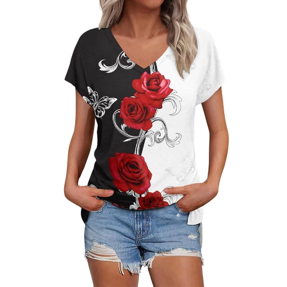 T Shirts For Women Womens Tops Summer Daily Casual V Neck Shirts Short Sleeve Tops Blouses Loose Fit Shirt