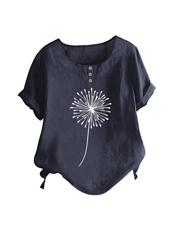 T Shirts For Women Womens Tops Summer Round Neck Button Cotton And Linen Dandelion Print Short Sleeve T Shirt Top Blouse