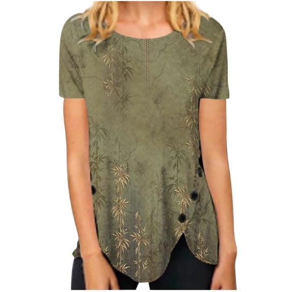 T Shirts For Women Womens Tops Summer Round Neck Retro Flower Print Irregular Hem Loose Casual Top