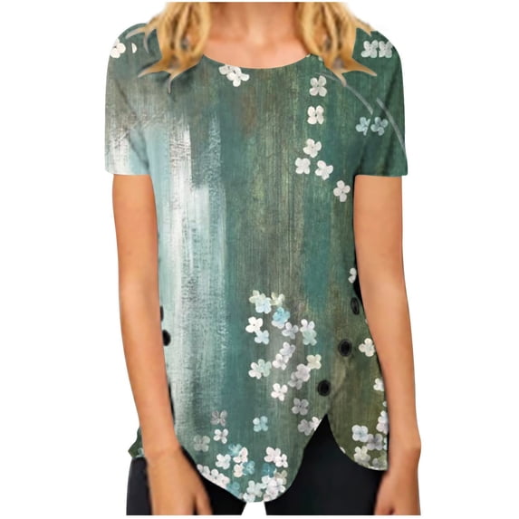 T Shirts For Women Womens Tops Summer Round Neck Retro Flower Print Irregular Hem Loose Casual Top