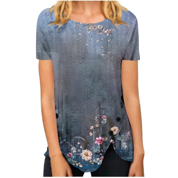 T Shirts For Women Womens Tops Summer Round Neck Retro Flower Print Irregular Hem Loose Casual Top