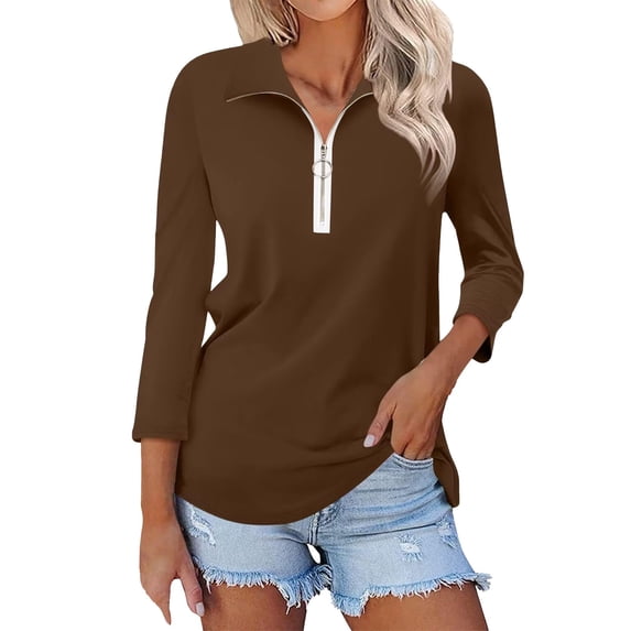 T Shirts For Women Womens Tops V Neck 3/4 Sleeve Tops Quarter Zip Collared Shirts Shirts Summer Tees