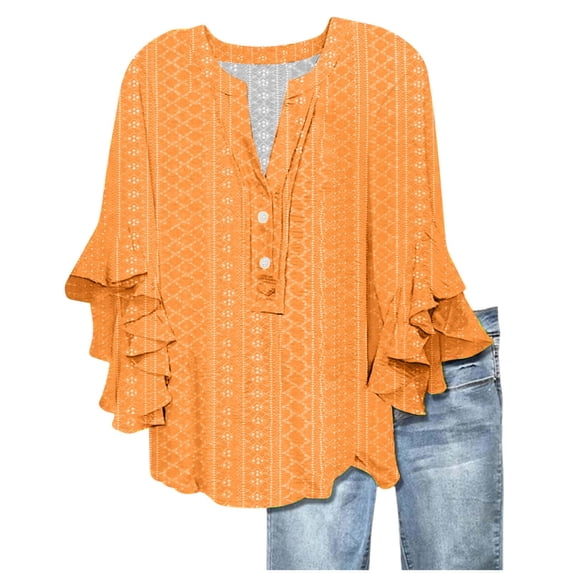 T Shirts For Women Womens Tops V Neck Tie Button Hollow Fabric Ruffled Sleeves Loose Casual Breathable Short Sleeves