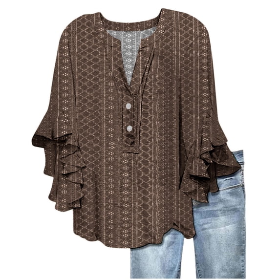 T Shirts For Women Womens Tops V Neck Tie Button Hollow Fabric Ruffled Sleeves Loose Casual Breathable Short Sleeves