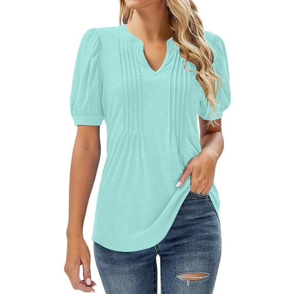 T Shirts For Women Womens Tops V Neck Tops Puff Short Sleeve T Shirt Pleated Floral Printed Tunic Blouse Shirts