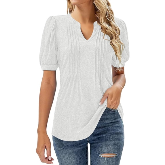 T Shirts For Women Womens Tops V Neck Tops Puff Short Sleeve T Shirt Pleated Floral Printed Tunic Blouse Shirts