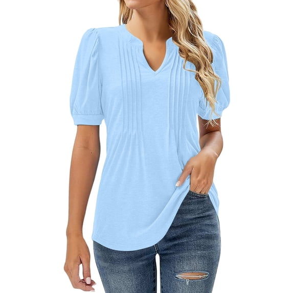 T Shirts For Women Womens Tops V Neck Tops Puff Short Sleeve T Shirt Pleated Floral Printed Tunic Blouse Shirts