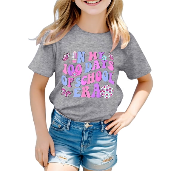 T Shirts for Girls Crew Neck Short Sleeve T Shirts 100 Days Of School Shirt Kids Girl Letter Graphic Printed Loose Fit Comfort Pullover Tops T Shirts for Boys and Girls Grey,8-9 Years