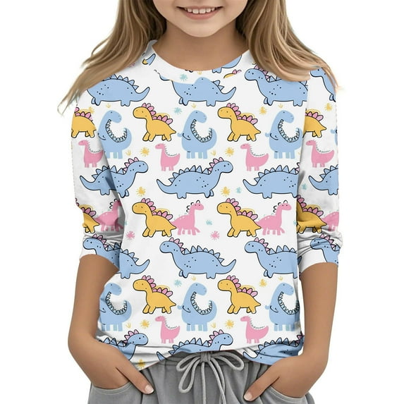 T Shirts Kids Girls Funny Graphic Crewneck 3/4 Sleeve Teenage Girls Tshirts Summer Comfy Cute Cartoon Casual Jogging Athletic Tops 6-7 Years Multicolor