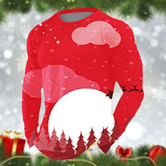 T Shirts for Man Christmas Long Sleeve Star Christmas Tree Graphic Pajamas Tee Crew Neck Slim Fit Casual Fall Winter Family Xmas Gift Men T Shirts Watermelon Red XXL
