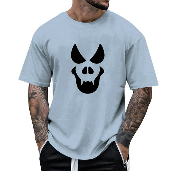 T Shirts for Man Halloween Casual Funny Face Printed Theme Short Sleeve Crew Neck Tops Comfortable Festival Loose Solid Color Summer Shirts for Men Light Blue M