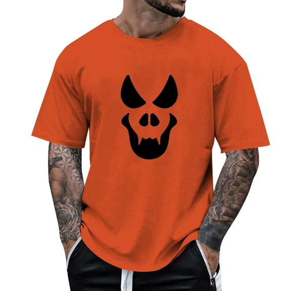 T Shirts for Man Halloween Casual Funny Face Printed Theme Short Sleeve Crew Neck Tops Comfortable Festival Loose Solid Color Summer Shirts for Men Orange XL