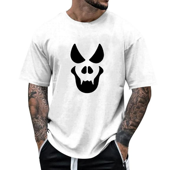 T Shirts for Man Halloween Casual Funny Face Printed Theme Short Sleeve Crew Neck Tops Comfortable Festival Loose Solid Color Summer Shirts for Men White XXL