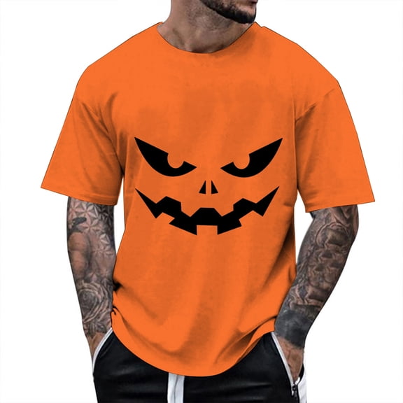 T Shirts for Man Halloween Classic Funny Pumpkin Face Printed Short Sleeve Crew Neck Tees Party Casual Fall Season Loose Fit Comfortable Men Shirts Orange L