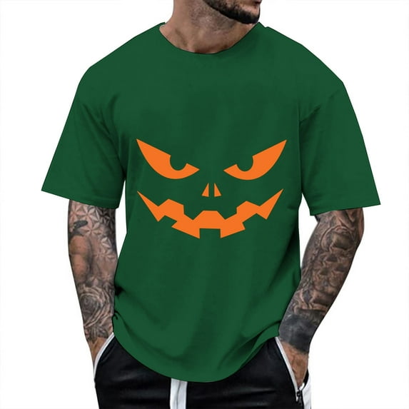 T Shirts for Man Halloween Classic Funny Pumpkin Face Printed Short Sleeve Crew Neck Tees Party Casual Fall Season Loose Fit Comfortable Men's Shirts Green XXXL