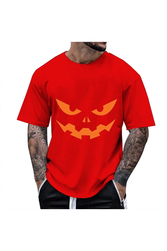 T Shirts for Man Halloween Classic Funny Pumpkin Face Printed Short Sleeve Crew Neck Tees Party Casual Fall Season Loose Fit Comfortable Mens Shirts Red XL