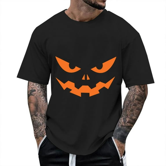 T Shirts for Man Halloween Classic Funny Pumpkin Face Printed Short Sleeve Crew Neck Tees Party Casual Fall Season Loose Fit Comfortable Shirts for Men Black L
