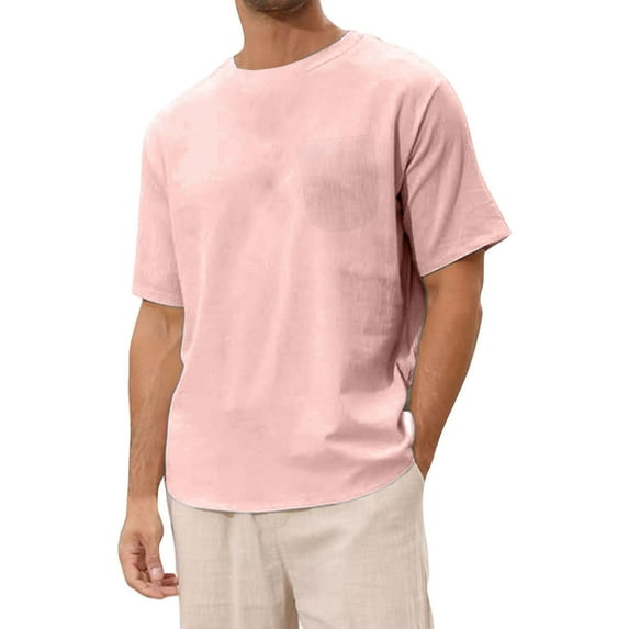 T Shirts for Man Solid Color Loose Short Sleeve Crew Neck Casual Plus Size Tops Sports Stretchy Leisure Simple Breathable Comfy Summer Mens Shirts Pink M