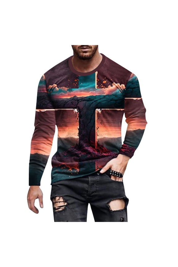 T Shirts for Men Clearance Retro Cross Printed Long Sleeve Round Neck Pullover Tops Fall Casual Loose Cotton Overd Tees Fashion Going Out Tops Comforty Breathable Sport Outdoor Clothes S-5XL