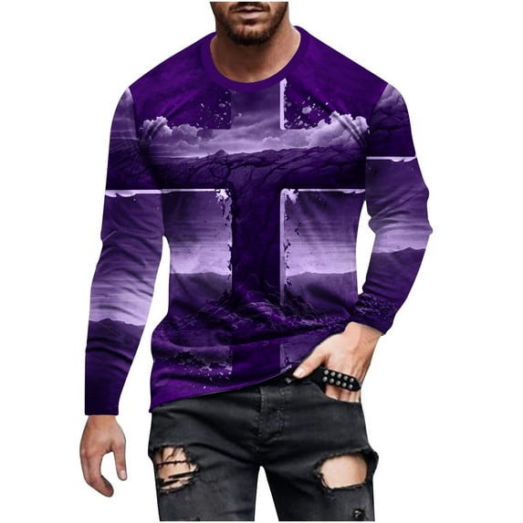 T Shirts for Men Clearance Retro Cross Printed Long Sleeve Round Neck Pullover Tops Fall Casual Loose Cotton Overd Tees Fashion Going Out Tops Comforty Breathable Sport Outdoor Clothes S-5XL