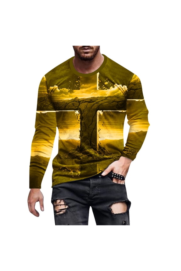 T Shirts for Men Clearance Retro Cross Printed Long Sleeve Round Neck Pullover Tops Fall Casual Loose Cotton Overd Tees Fashion Going Out Tops Comforty Breathable Sport Outdoor Clothes S-5XL