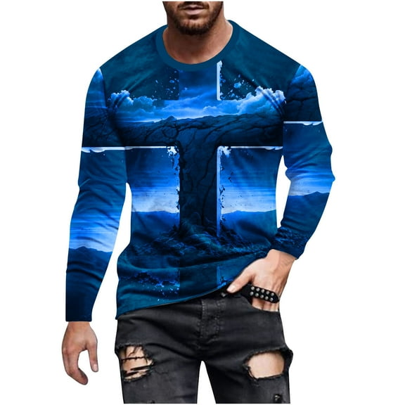 T Shirts for Men Clearance Retro Cross Printed Long Sleeve Round Neck Pullover Tops Fall Casual Loose Cotton Overd Tees Fashion Going Out Tops Comforty Breathable Sport Outdoor Clothes S-5XL