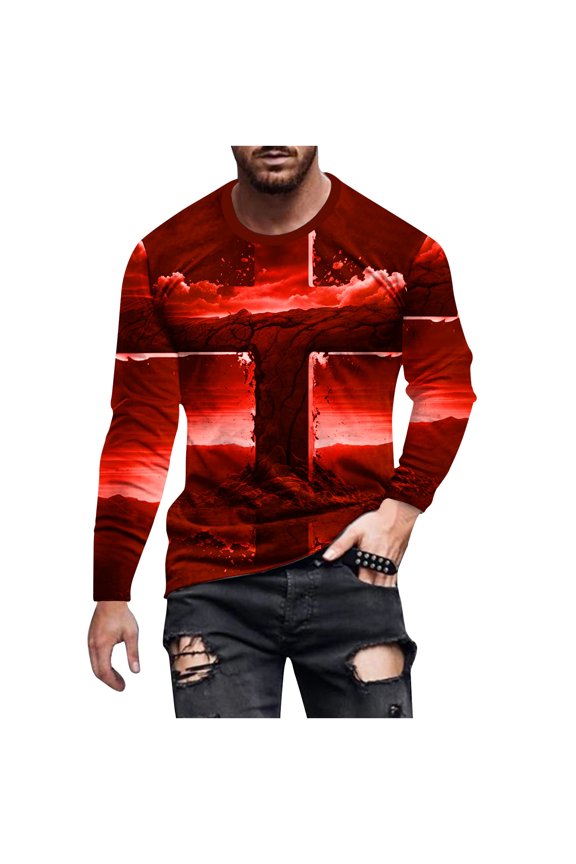 T Shirts for Men Clearance Retro Cross Printed Long Sleeve Round Neck Pullover Tops Fall Casual Loose Cotton Overd Tees Fashion Going Out Tops Comforty Breathable Sport Outdoor Clothes S-5XL