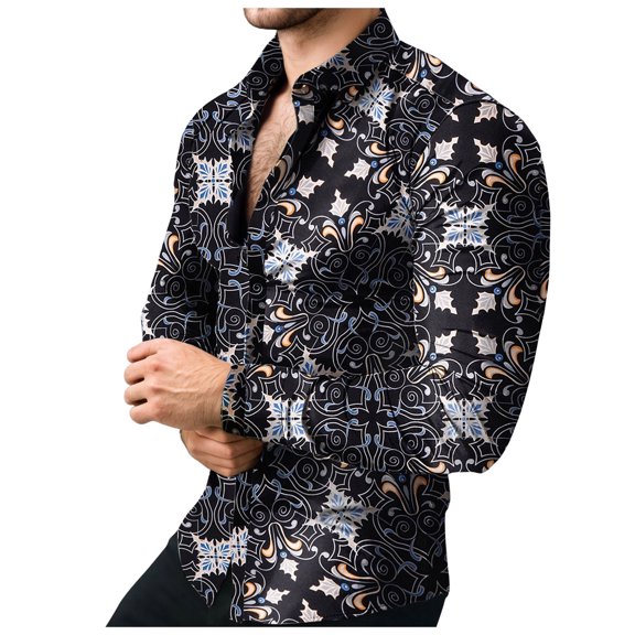 T-Shirts Men Floral Print Long Sleeve Button Down Retro Mens formal Shirts,Black,2XL