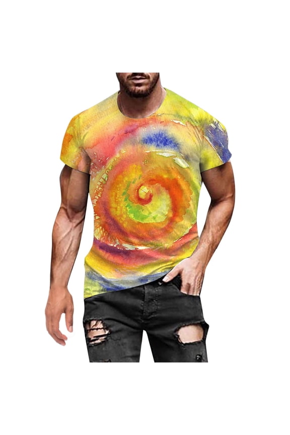 T Shirts for Men Men's Fashion Summer Neckline T-shirt 3D Printing Pattern Short Sleeve Mens Long Sleeve T Shirts White T Shirts for Men V Neck T Shirts Men on Sales Yellow 2XL