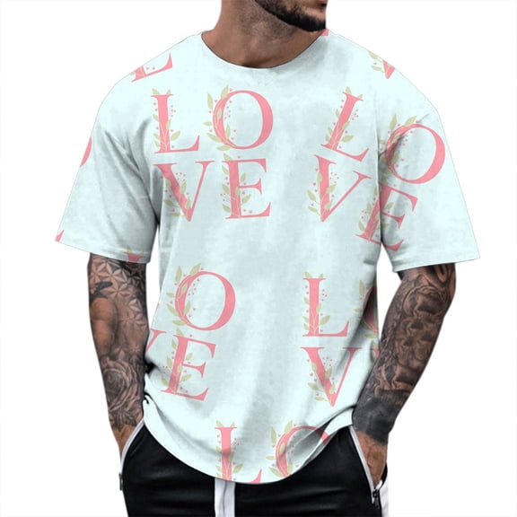 T Shirts Men Valentine's Day Love Letter Print Crewneck Short Sleeve T Shirt for Men Soft Comfortable Casual Tee Graphic T Shirts for Man Light Blue L