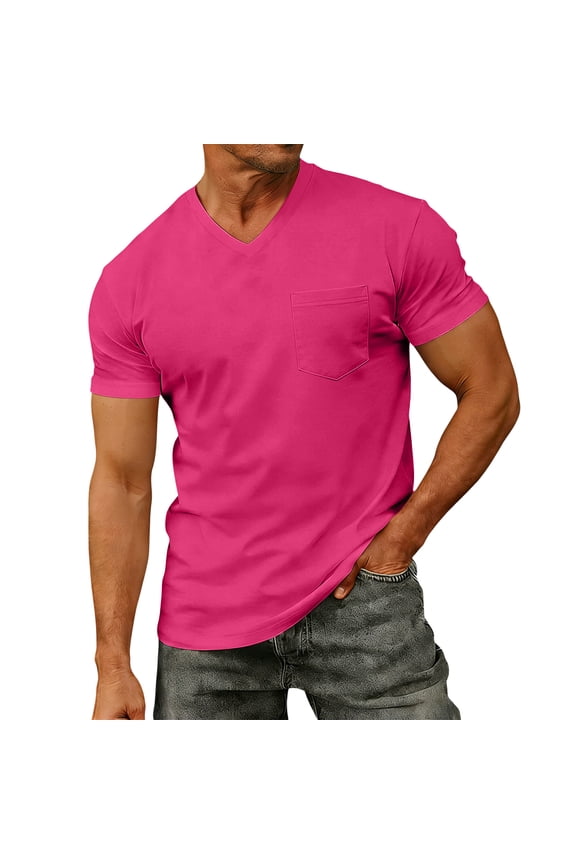 T-Shirts Mens Short Sleeve Pocket Tee Shirt Casual V Neck Soft Basic T Shirts Hot Pink 2XL